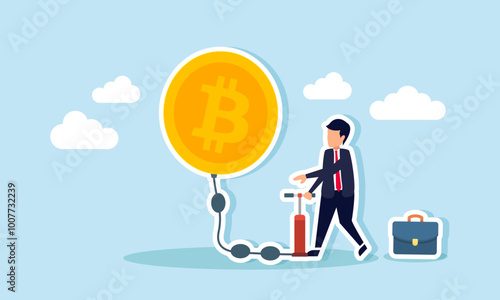 A businessman pumps up a Bitcoin balloon, illustrating a company's effort to boost Bitcoin's valuation