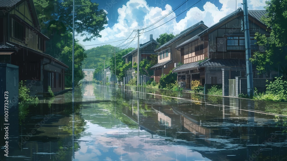 nice anime background for theme, flood in the town nice anime background for theme, flood in the town