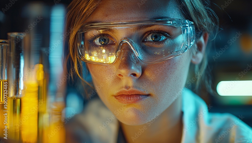 Focused Scientist Conducting Experiment in High-Tech Lab with Test Tubes - Medium Shot of Intense Concentration Focused Scientist Conducting Experiment in High-Tech Lab with Test Tubes - Medium Shot of Intense Concentration
