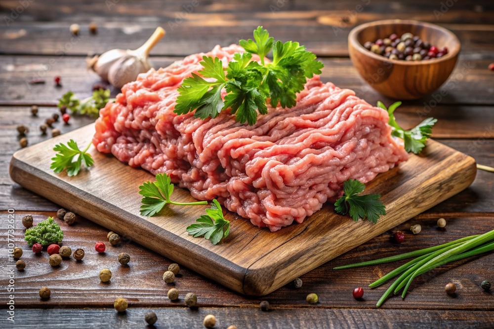 Freshly ground veal meat piled high on a rustic wooden cutting board, surrounded by chopped fresh parsley and a sprinkle of black pepper. Freshly ground veal meat piled high on a rustic wooden cutting board, surrounded by chopped fresh parsley and a sprinkle of black pepper.