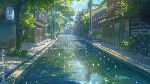 nice anime background for theme, flood in the town