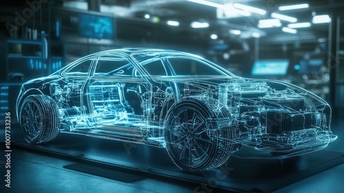 A wireframe model of a car in a workshop, showing the interior and engine.