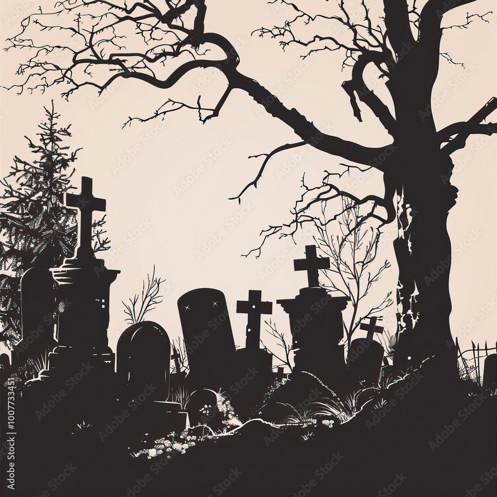 Fototapeta premium Old cemetery silhouette abandoned graveyard tombs, Halloween elements, Happy Halloween