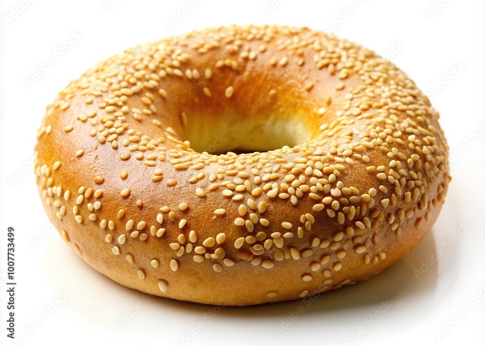 Golden-brown bagel topped with a generous scattering of sesame seeds, set against a clean white background, evoking a sense of freshness and morning comfort. Golden-brown bagel topped with a generous scattering of sesame seeds, set against a clean white background, evoking a sense of freshness and morning comfort.
