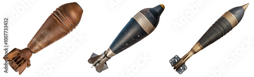 Projectile, bomb, rocket isolated on white background. Large exploding military weapon, dropped from the air. The shell of the second world war. photo