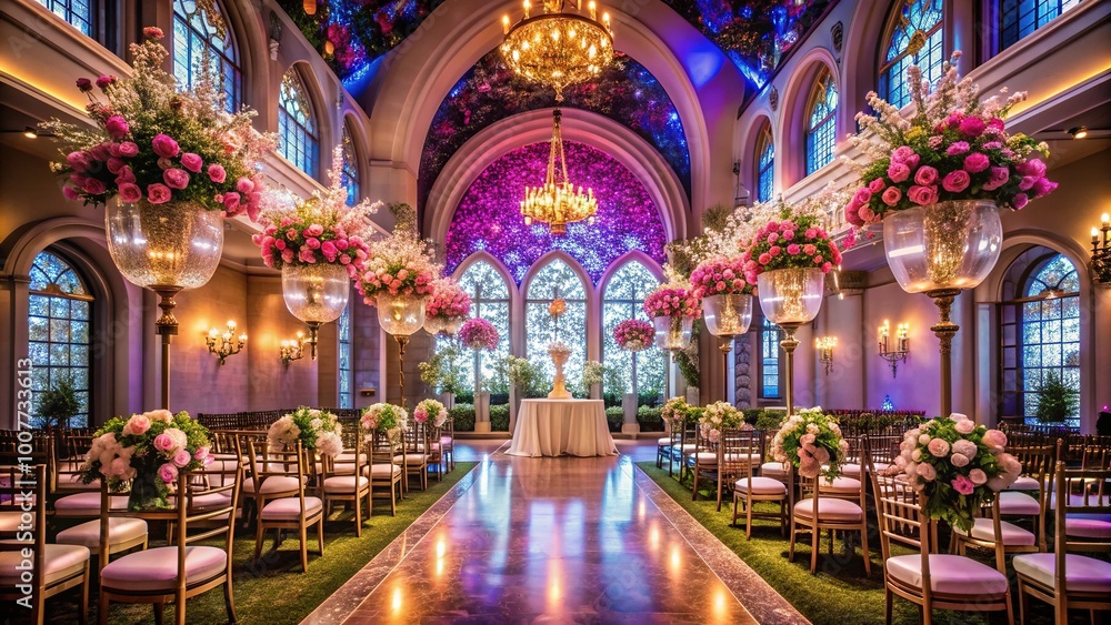 Obraz premium Glitzy chapel ceremony unfolds under bright lights, surrounded by glamorous decor, lavish flowers, and iconic neon signs, capturing the essence of a luxurious Vegas wedding.
