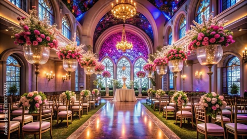 Glitzy chapel ceremony unfolds under bright lights, surrounded by glamorous decor, lavish flowers, and iconic neon signs, capturing the essence of a luxurious Vegas wedding.