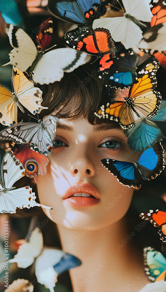 Show the model surrounded by butterflies, symbolizing transformation and growth Show the model surrounded by butterflies, symbolizing transformation and growth