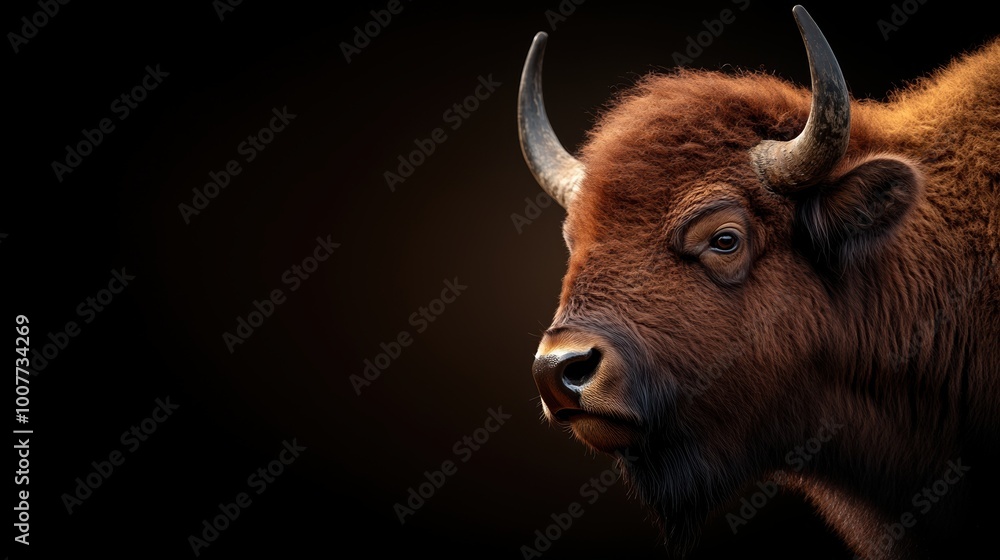 Close-up of a bison against a dark background, showcasing its strong features. Close-up of a bison against a dark background, showcasing its strong features.