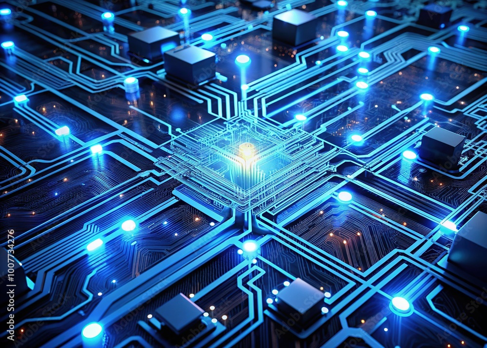 Intricate network of glowing blue circuits and wires intertwined with precision-engineered mechanical components, forming a futuristic technological landscape of innovation and progress. Intricate network of glowing blue circuits and wires intertwined with precision-engineered mechanical components, forming a futuristic technological landscape of innovation and progress.