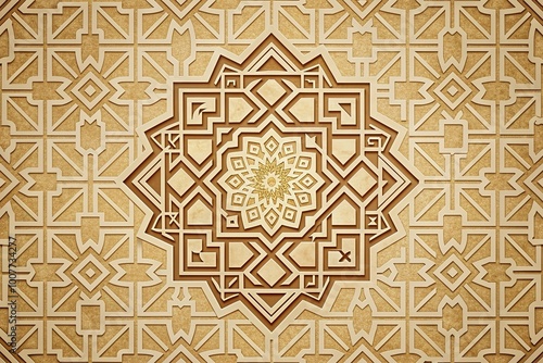 Intricate Islamic pattern of interlocking geometric shapes and Arabic calligraphy on a warm beige texture, creating a rich and culturally inspired background design. photo