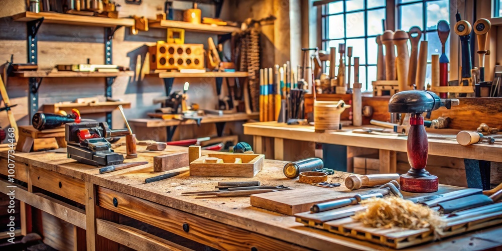 Woodworking Tools and Equipment Displayed on Workshop Table for Artistic Projects and Business Use Woodworking Tools and Equipment Displayed on Workshop Table for Artistic Projects and Business Use