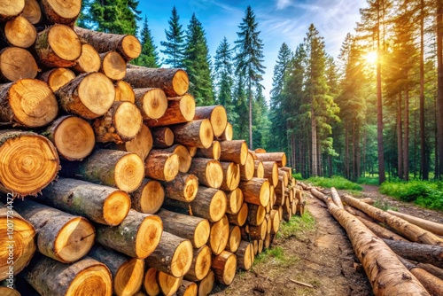 Wood Industry Banner Featuring Stacked Tree Trunk Logs and Timber in Natural Forest Setting