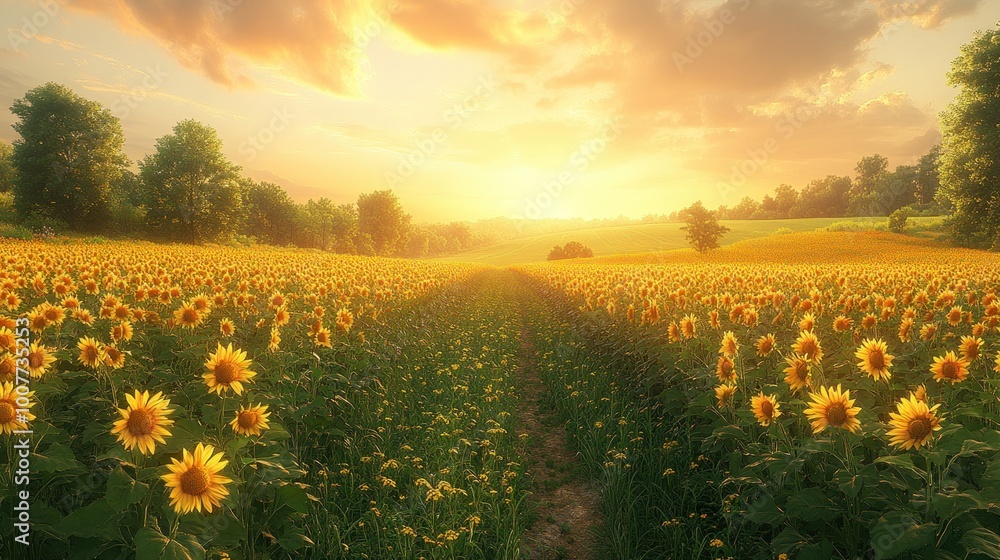 A vibrant sunflower field at sunset, showcasing nature's beauty. A vibrant sunflower field at sunset, showcasing nature's beauty.