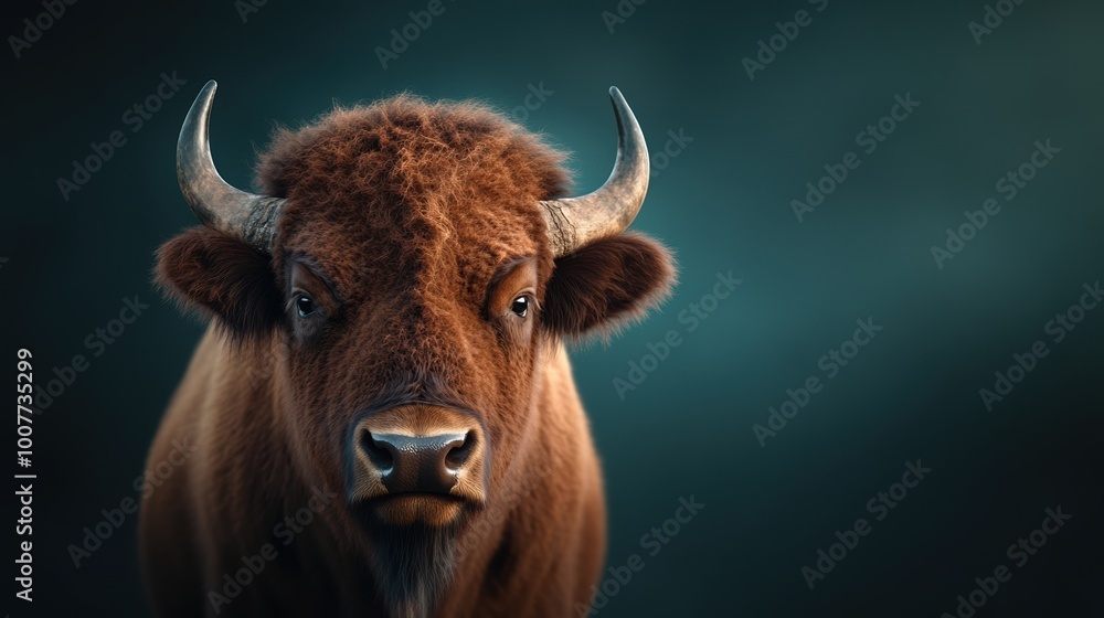 Brown bison head with horns, dramatic lighting and dark background. Brown bison head with horns, dramatic lighting and dark background.