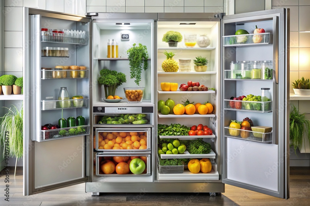 Modern kitchen refrigerator with three adjustable drawers, stainless steel handles, and transparent shelves, stocked with fresh fruits, vegetables, and bottled beverages. Modern kitchen refrigerator with three adjustable drawers, stainless steel handles, and transparent shelves, stocked with fresh fruits, vegetables, and bottled beverages.