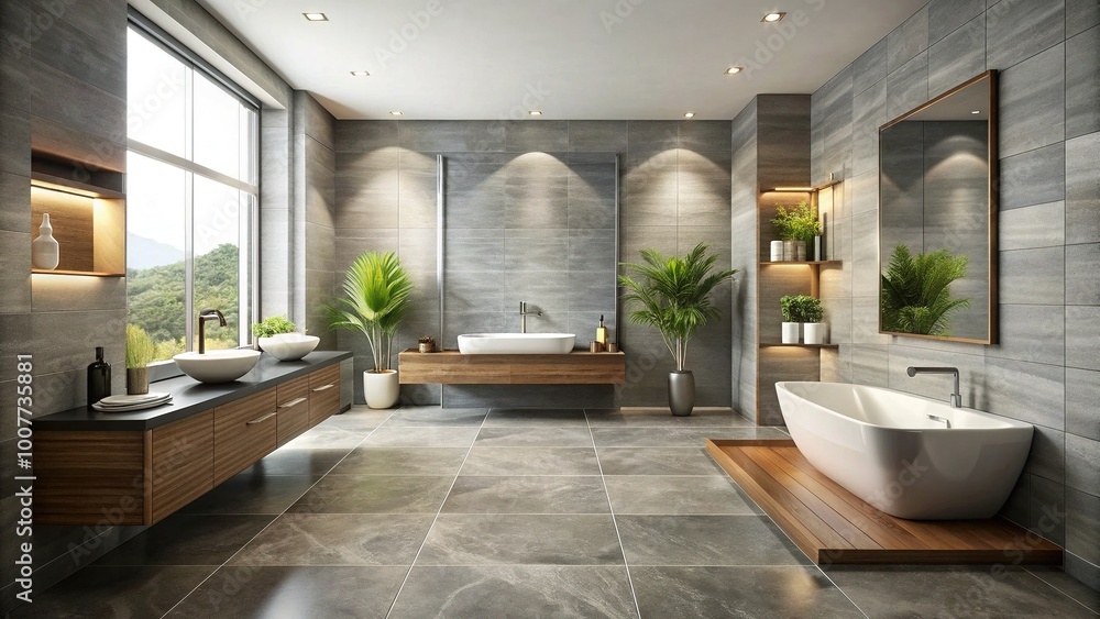 Fototapeta premium Modern bathroom featuring large format slate gray tiles, creating a sophisticated and calming atmosphere with subtle gray veining and smooth matte finish.