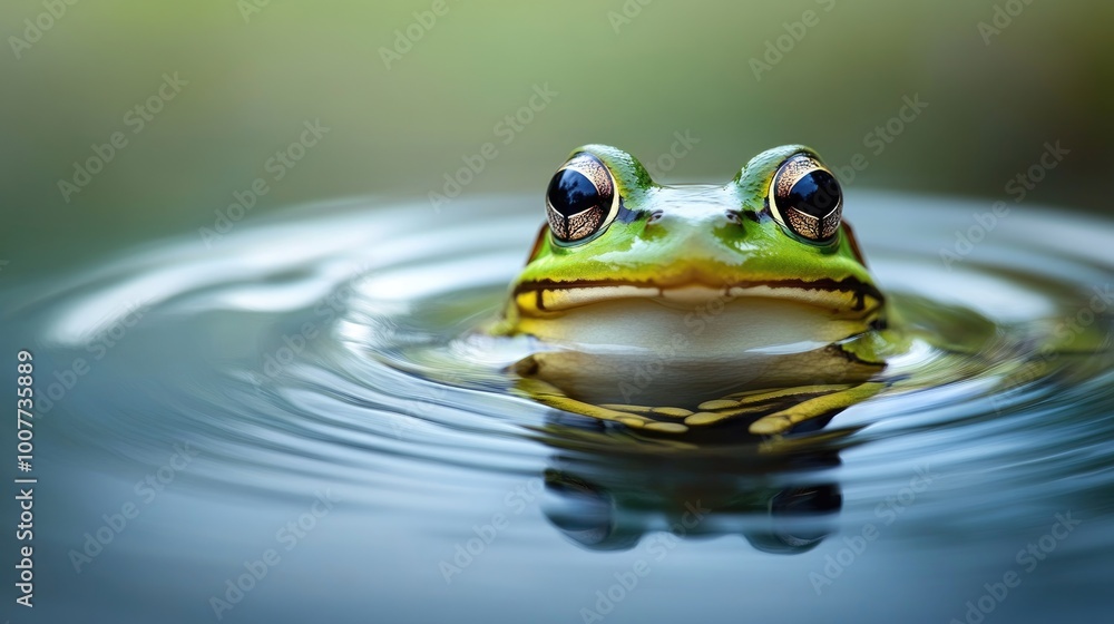 A serene scene of a bullfrog surrounded by ripples in a calm pond, with water reflections creating a peaceful and tranquil atmosphere. A serene scene of a bullfrog surrounded by ripples in a calm pond, with water reflections creating a peaceful and tranquil atmosphere.