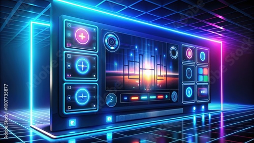 Modern abstract graphical interface of a digital video player featuring vibrant buttons, sliders, and menus on a futuristic dark blue background with neon accents. photo