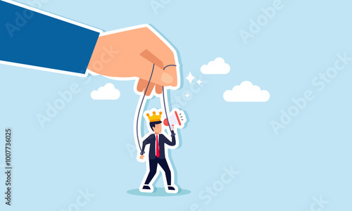 A businessman wearing a crown holds a megaphone controlled by a string connected to his hand, illustrating the game of business in promotional strategy