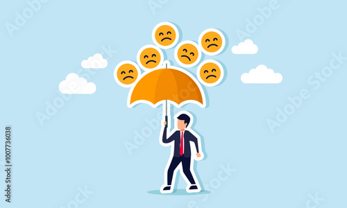 A businessman holding an umbrella protects himself from a rain of sad emoticons, illustrating indifference to negative responses or hatred from business competitors