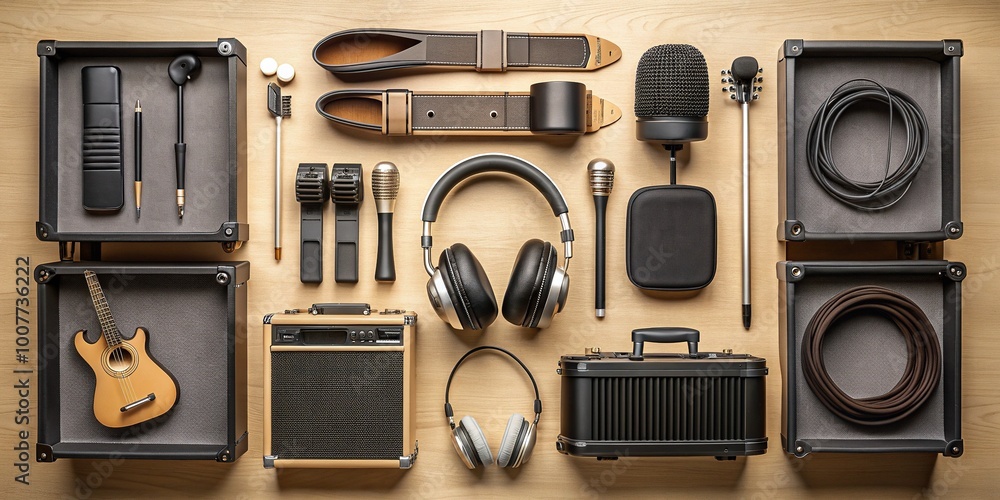 Neutral-colored background showcases neatly arranged protective gear and accessories, including headphones, microphones, and instrument cases, perfect for musicians and event professionals. Neutral-colored background showcases neatly arranged protective gear and accessories, including headphones, microphones, and instrument cases, perfect for musicians and event professionals.