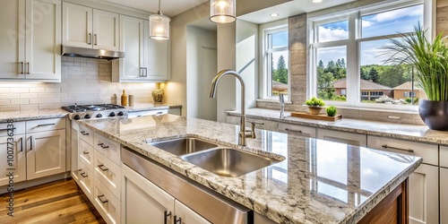 Newly installed granite countertop with modern sink and faucet, surrounded by cabinetry and sleek backsplash, in a bright and airy kitchen setting. photo