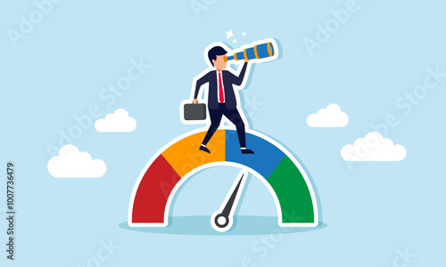 A businessman looks through a telescope from atop a barometer, illustrating the company's vision to improve business performance