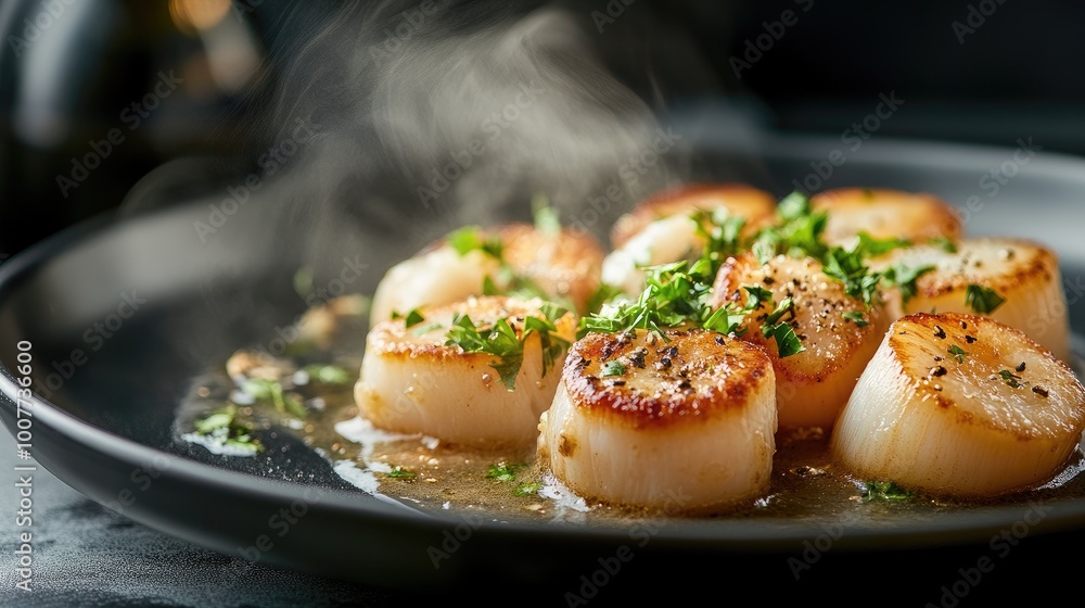 A steaming plate of scallops served in a garlic and white wine sauce, with fresh parsley sprinkled on top, creating an inviting and delicious meal scene. A steaming plate of scallops served in a garlic and white wine sauce, with fresh parsley sprinkled on top, creating an inviting and delicious meal scene.