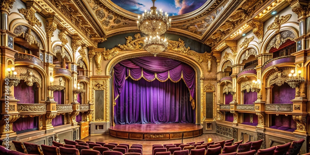 Obraz premium Richly ornate, velvet-draped historic theater with majestic purple curtains and grandiose golden details, evoking elegance and sophistication in a lavish performance setting.