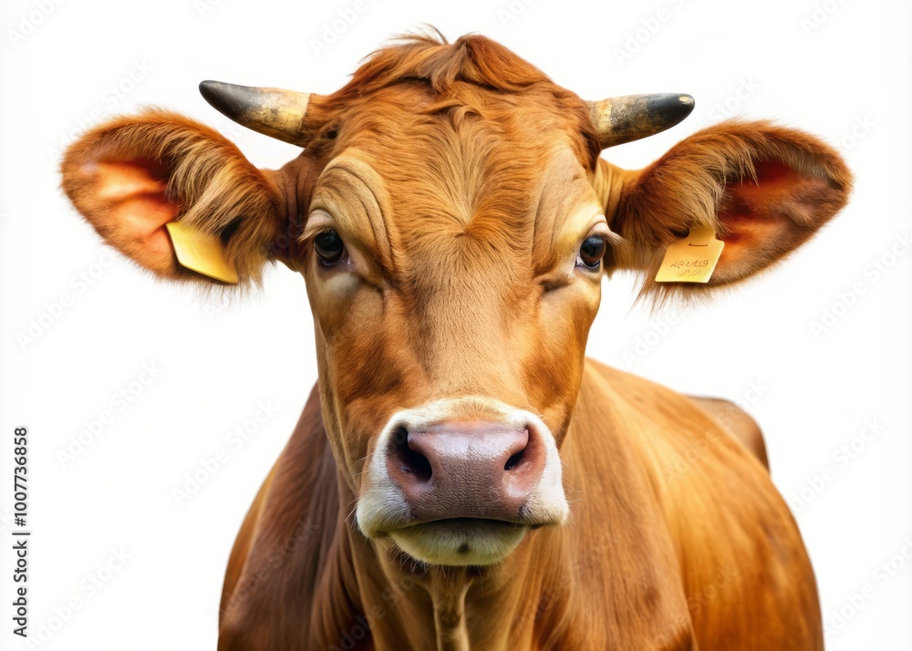 A beautiful brown cow with a gentle expression stands isolated against a pure white background, its fur and A beautiful brown cow with a gentle expression stands isolated against a pure white background, its fur and