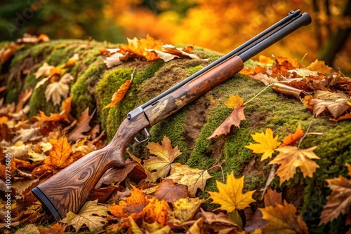 Rugged outdoorsman's shotgun stands upright in a bed of autumn leaves and twigs, camouflaged with moss and foliage, awaiting the next hunting excursion. photo