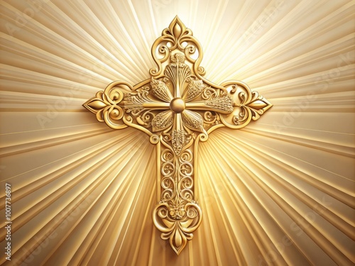 A beautifully crafted golden Christian cross with ornate details and subtle light rays, set against a soft, creamy photo