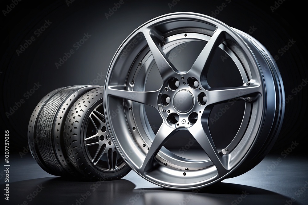 Obraz premium Shiny silver alloy wheel with high-performance disc brake rotor and five-lug bolts on a sleek, black sports car, shot in a studio setting.
