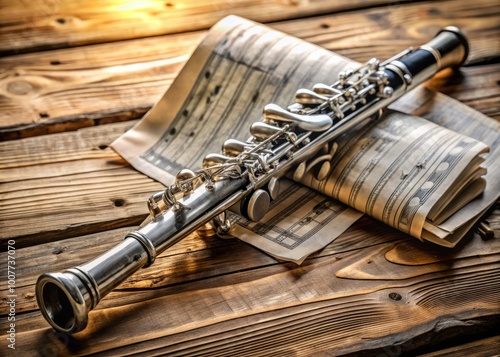 A beautiful, shiny, silver clarinet lies horizontally on a rustic wooden table, surrounded by scattered sheets of