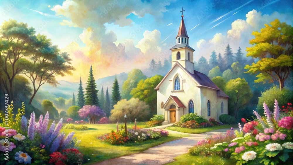 Fototapeta premium Soft, dreamy watercolor depiction of a serene Catholic church with delicate steeple, surrounded by lush greenery and vibrant flowers on a sunny day.