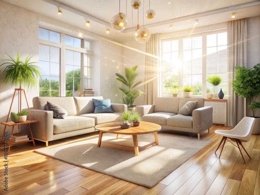 Naklejka premium A bright and airy living room with a few stray dust specks suspended in a sunbeam, amidst a