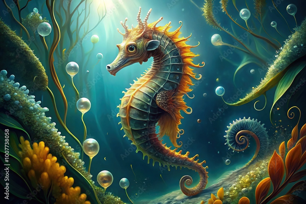 Vibrant, detailed illustration of a seahorse in mid-swim, surrounded by stylized seaweed and bubbles, set against a soft, gradient blue ocean background with subtle texture. Vibrant, detailed illustration of a seahorse in mid-swim, surrounded by stylized seaweed and bubbles, set against a soft, gradient blue ocean background with subtle texture.