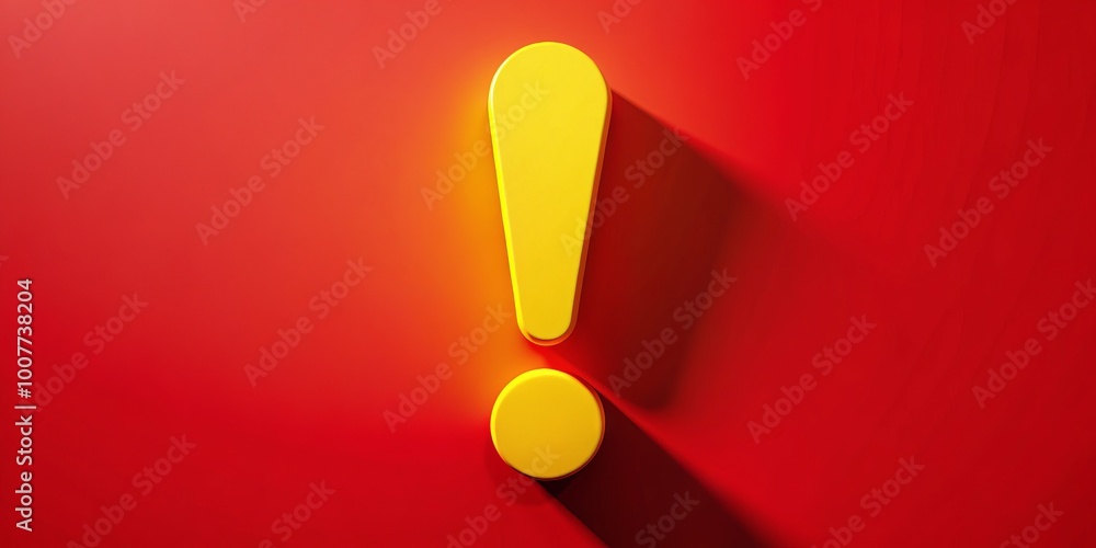 A bright yellow exclamation mark symbol against a bold red background, surrounded by subtle shadows, conveying a sense A bright yellow exclamation mark symbol against a bold red background, surrounded by subtle shadows, conveying a sense