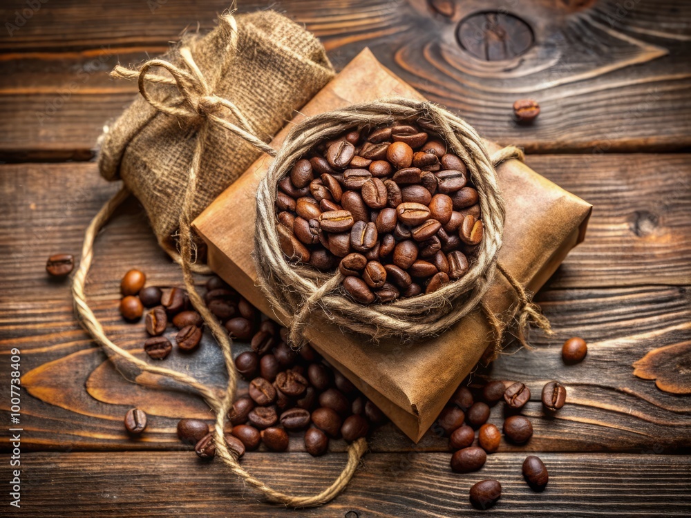 A brown paper pouch filled with freshly ground coffee beans, tied with a natural fiber string, sits on A brown paper pouch filled with freshly ground coffee beans, tied with a natural fiber string, sits on