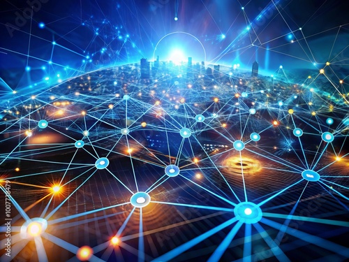 Abstract digital illustration of interconnected nodes, wires, and symbols forming a network, representing