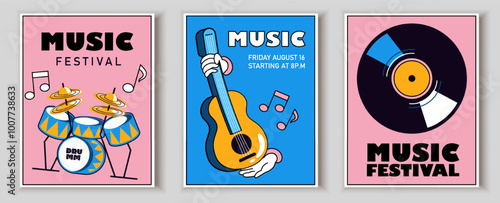 Music day posters set. Drums, guitar and vinyl disc. Musical festival and holiday, carnival. International holiday and festival 21 June. Flat vector collection
