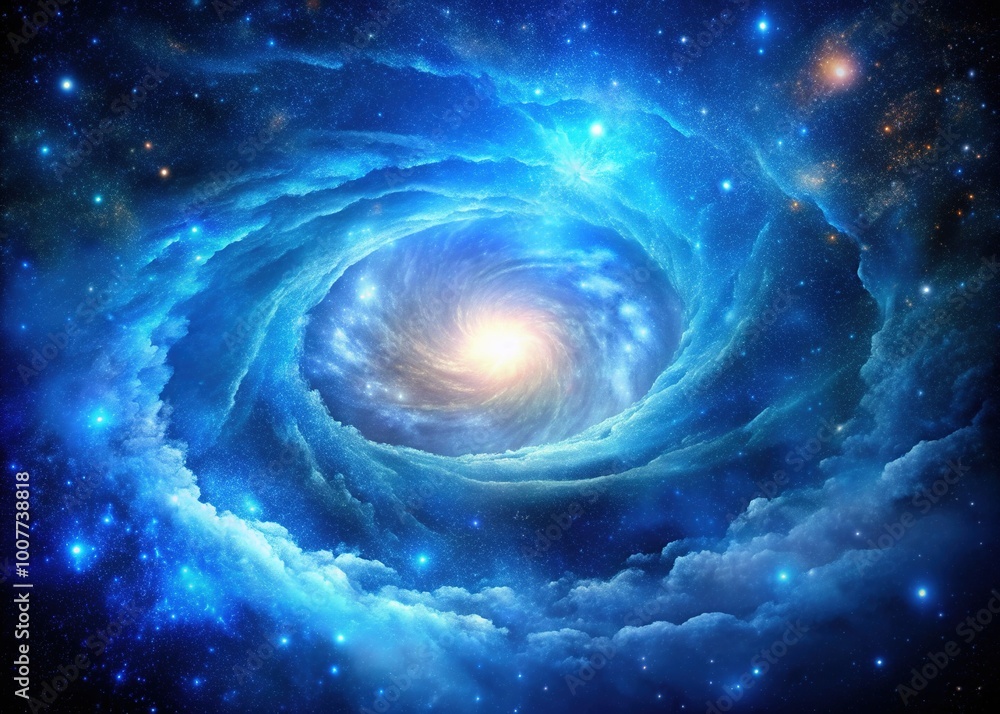 Vibrant blue galaxy background with swirling clouds of gas and dust, filled with twinkling stars and illuminated by a radiant, shimmering central light source. Vibrant blue galaxy background with swirling clouds of gas and dust, filled with twinkling stars and illuminated by a radiant, shimmering central light source.