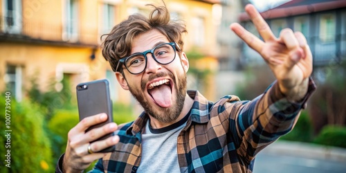 A cheerful, bespectacled individual making a goofy face, sticking out their tongue, and throwing a peace sign while