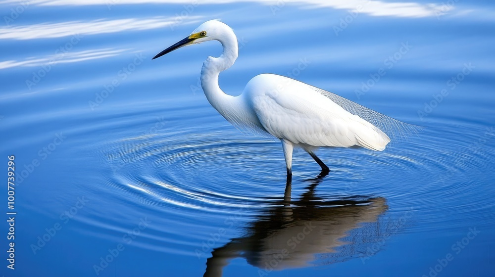 A white egret gracefully standing in shallow water, its long neck curved elegantly as it searches for fish, with reflections of the bird and the sky in the calm surface. A white egret gracefully standing in shallow water, its long neck curved elegantly as it searches for fish, with reflections of the bird and the sky in the calm surface.