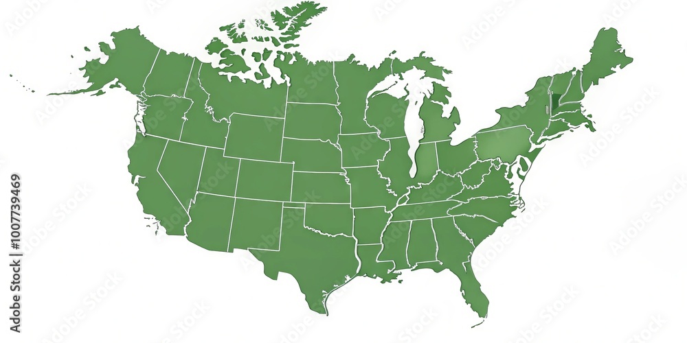 Obraz premium A clean, minimalist, blank map of North America, highlighting country borders, cities, and geographic features, ready