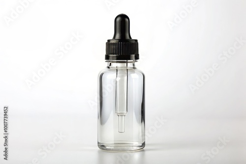 A clear glass dropper bottle with a black cap and precise measuring marks stands upright on a clean