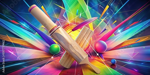 Vibrant digital illustration of a cricket bat and stumps surrounded by swirling motion lines, geometric shapes, and abstract color bursts, evoking dynamic energy. photo