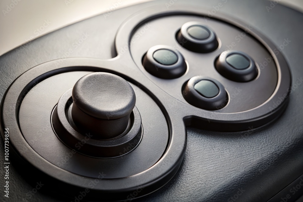 A close-up of a sleek, black, retro-style directional gamepad with a prominent, rounded directional pad and buttons A close-up of a sleek, black, retro-style directional gamepad with a prominent, rounded directional pad and buttons
