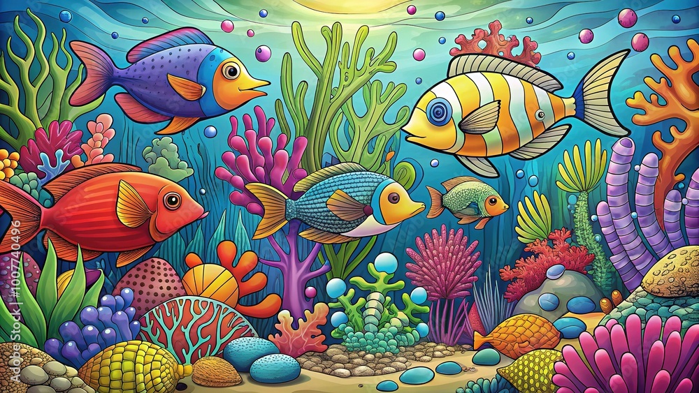 Vibrant ocean-themed coloring page featuring a serene underwater scene with seaweed, fish, and coral, surrounded by bold lines and whimsical illustrations waiting to be colored. Vibrant ocean-themed coloring page featuring a serene underwater scene with seaweed, fish, and coral, surrounded by bold lines and whimsical illustrations waiting to be colored.